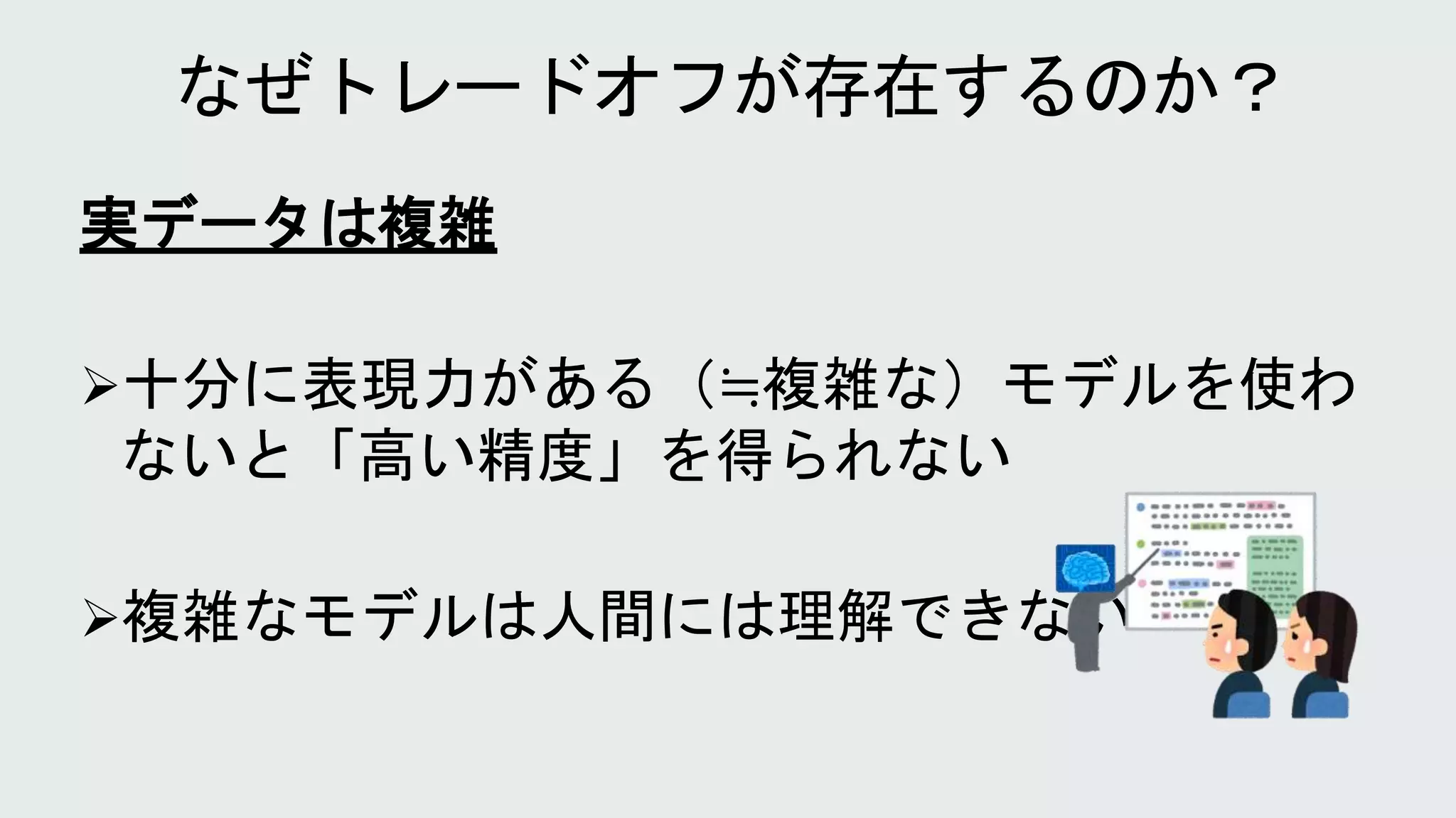 実データは複雑
十分に表現力がある（≒複雑な）モデルを使わ
ないと「高い精度」を得られない
複雑なモデルは人間には理解できない
 