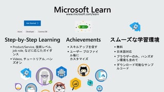 Step-by-Step Learning Achievements スムーズな学習環境
 無料
 日本語対応
 ブラウザーのみ。ハンズオ
ン環境も含めて
 ダウンロード可能なサンプ
ルコード
 Product/Service, 技術レベル,
job role, などに応じたガイダ
ンス
 Videos, チュートリアル, ハン
ズオン
 スキルアップを促す
 ユーザー プロファイ
ル毎に
カスタマイズ
www.microsoft.com/learn
 