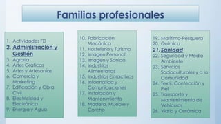 Familias profesionales
1. Actividades FD
2. Administración y
Gestión
3. Agraria
4. Artes Gráficas
5. Artes y Artesanías
6. Comercio y
Marketing
7. Edificación y Obra
Civil
8. Electricidad y
Electrónica
9. Energía y Agua
10. Fabricación
Mecánica
11. Hostelería y Turismo
12. Imagen Personal
13. Imagen y Sonido
14. Industrias
Alimentarias
15. Industrias Extractivas
16. Informática y
Comunicaciones
17. Instalación y
Mantenimiento
18. Madera, Mueble y
Corcho
19. Marítimo-Pesquera
20. Química
21.Sanidad
22. Seguridad y Medio
Ambiente
23. Servicios
Socioculturales y a la
Comunidad
24. Textil, Confección y
Piel
25. Transporte y
Mantenimiento de
Vehículos
26. Vidrio y Cerámica
 