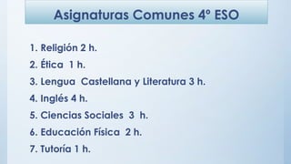 Asignaturas Comunes 4º ESO
1. Religión 2 h.
2. Ética 1 h.
3. Lengua Castellana y Literatura 3 h.
4. Inglés 4 h.
5. Ciencias Sociales 3 h.
6. Educación Física 2 h.
7. Tutoría 1 h.
 