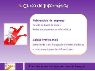 Referenciais de emprego: Gestão de bases de dados Redes e equipamentos informáticos Saídas Profissionais Sectores de trabalho: gestão de bases de dados e redes e equipamentos informáticos À descoberta dos principais percursos de formação…. 