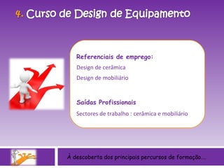 Referenciais de emprego: Design de cerâmica Design de mobiliário Saídas Profissionais Sectores de trabalho : cerâmica e mobiliário  À descoberta dos principais percursos de formação…. 