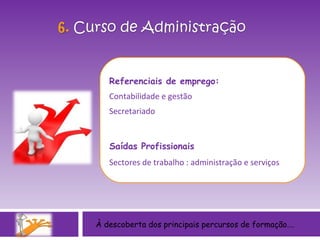 Referenciais de emprego: Contabilidade e gestão Secretariado Saídas Profissionais Sectores de trabalho : administração e serviços À descoberta dos principais percursos de formação…. 