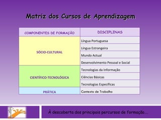 À descoberta dos principais percursos de formação…. Matriz dos Cursos de Aprendizagem COMPONENTES DE FORMAÇÃO DISCIPLINAS SÓCIO-CULTURAL Língua Portuguesa Língua Estrangeira Mundo Actual Desenvolvimento Pessoal e Social CIENTÍFICO-TECNOLÓGICA Tecnologias da Informação Ciências Básicas Tecnologias Específicas PRÁTICA Contexto de Trabalho 