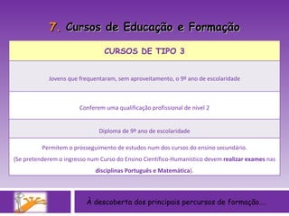 À descoberta dos principais percursos de formação…. 7.  Cursos de Educação e Formação CURSOS DE TIPO 3 Jovens que frequentaram, sem aproveitamento, o 9º ano de escolaridade Conferem uma qualificação profissional de nível 2 Diploma de 9º ano de escolaridade Permitem o prosseguimento de estudos num dos cursos do ensino secundário. (Se pretenderem o ingresso num Curso do Ensino Científico-Humanístico devem  realizar exames  nas  disciplinas Português e Matemática ). 