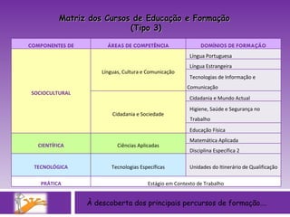 À descoberta dos principais percursos de formação…. Matriz dos Cursos de Educação e Formação  (Tipo 3) COMPONENTES DE FORMAÇÃO ÁREAS DE COMPETÊNCIA DOMÍNIOS DE FORMAÇÃO SOCIOCULTURAL Línguas, Cultura e Comunicação Língua Portuguesa Língua Estrangeira Tecnologias de Informação e Comunicação Cidadania e Sociedade Cidadania e Mundo Actual Higiene, Saúde e Segurança no Trabalho Educação Física CIENTÍFICA Ciências Aplicadas Matemática Aplicada Disciplina Específica 2 TECNOLÓGICA Tecnologias Específicas Unidades do Itinerário de Qualificação PRÁTICA Estágio em Contexto de Trabalho 