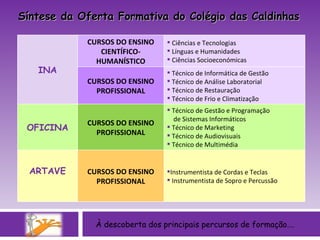 À descoberta dos principais percursos de formação…. Síntese da Oferta Formativa do Colégio das Caldinhas INA CURSOS DO ENSINO CIENTÍFICO-HUMANÍSTICO Ciências e Tecnologias Línguas e Humanidades Ciências Socioeconómicas CURSOS DO ENSINO PROFISSIONAL Técnico de Informática de Gestão Técnico de Análise Laboratorial Técnico de Restauração Técnico de Frio e Climatização  OFICINA CURSOS DO ENSINO PROFISSIONAL Técnico de Gestão e Programação  de Sistemas Informáticos Técnico de Marketing Técnico de Audiovisuais Técnico de Multimédia ARTAVE CURSOS DO ENSINO PROFISSIONAL Instrumentista de Cordas e Teclas Instrumentista de Sopro e Percussão 