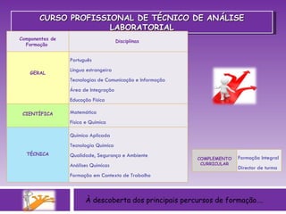 À descoberta dos principais percursos de formação…. CURSO PROFISSIONAL DE TÉCNICO DE ANÁLISE LABORATORIAL Componentes de Formação    Disciplinas        GERAL Português  Língua estrangeira Tecnologias de Comunicação e Informação  Área de Integração Educação Física   CIENTÍFICA Matemática Física e Química          TÉCNICA Química Aplicada Tecnologia Química Qualidade, Segurança e Ambiente  Análises Químicas Formação em Contexto de Trabalho COMPLEMENTO CURRICULAR Formação Integral Director de turma 