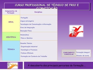À descoberta dos principais percursos de formação…. CURSO PROFISSIONAL DE TÉCNICO DE FRIO E CLIMATIZAÇÃO Componentes de Formação    Disciplinas        GERAL   Português  Língua estrangeira  Tecnologias de Comunicação e Informação Área de Integração  Educação Física     CIENTÍFICA Matemática  Física e Química          TÉCNICA Desenho Técnico Organização Industrial Tecnologia e Processos Práticas Oficinais Formação em Contexto de Trabalho COMPLEMENTO CURRICULAR Formação Integral Director de turma 