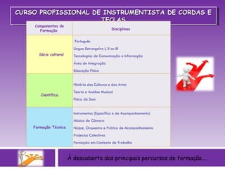 À descoberta dos principais percursos de formação…. CURSO PROFISSIONAL DE INSTRUMENTISTA DE CORDAS E TECLAS Componentes de Formação    Disciplinas       Sócio cultural   Português  Língua Estrangeira I, II ou III Tecnologias de Comunicação e Informação Área de Integração  Educação Física     Científica   História das Culturas e das Artes Teoria e Análise Musical Física do Som         Formação Técnica    Instrumentos (Específico e de Acompanhamento)  Música de Câmara Naipe, Orquestra e Prática de Acompanhamento  Projectos Colectivos Formação em Contexto de Trabalho  