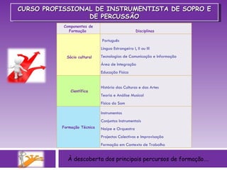 À descoberta dos principais percursos de formação…. CURSO PROFISSIONAL DE INSTRUMENTISTA DE SOPRO E DE PERCUSSÃO Componentes de Formação    Disciplinas        Sócio cultural   Português  Língua Estrangeira I, II ou III Tecnologias de Comunicação e Informação Área de Integração  Educação Física   Científica   História das Culturas e das Artes Teoria e Análise Musical Física do Som        Formação Técnica    Instrumentos  Conjuntos Instrumentais Naipe e Orquestra  Projectos Colectivos e Improvisação Formação em Contexto de Trabalho  
