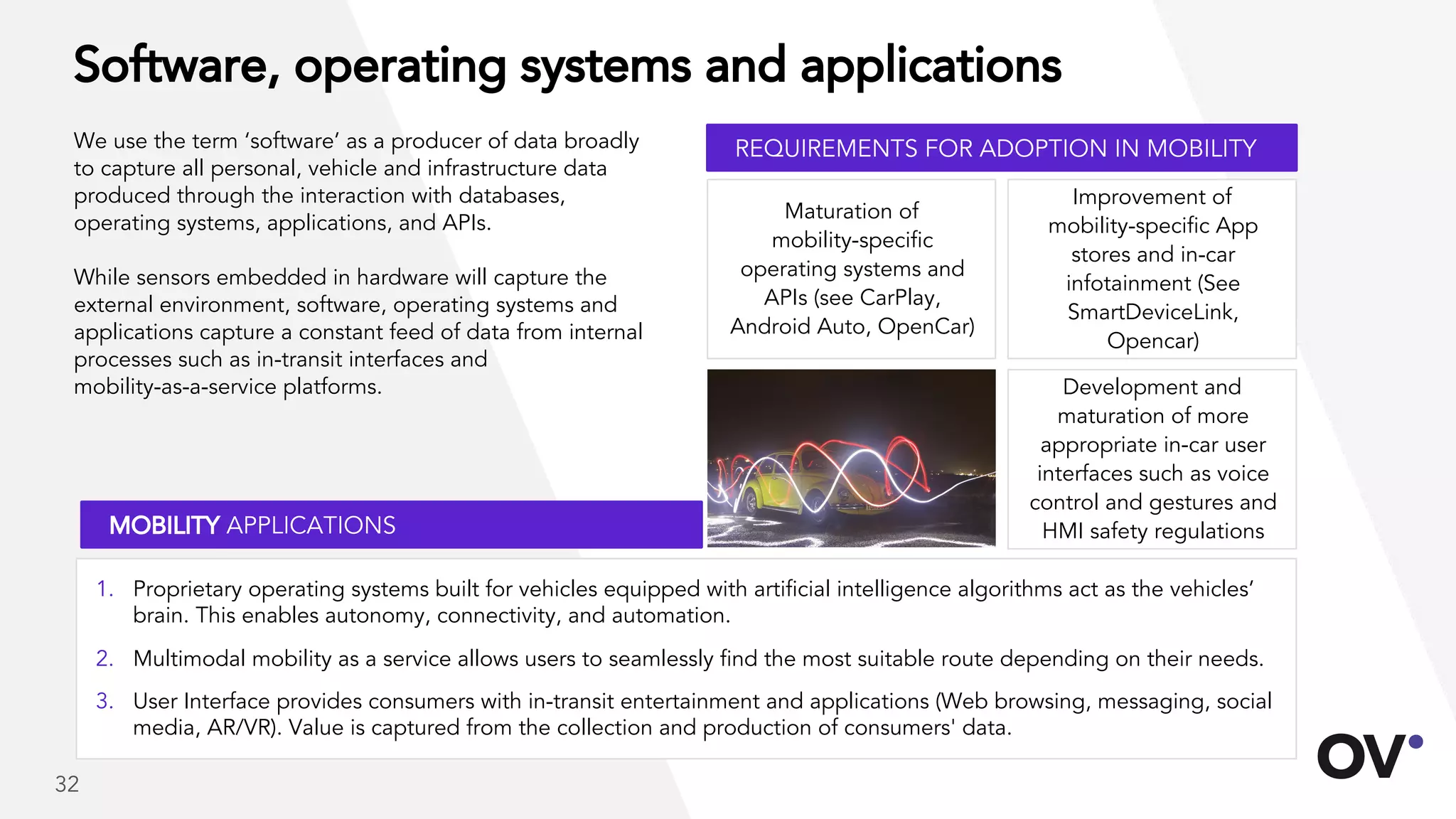 Software, operating systems and applications
We use the term ‘software’ as a producer of data broadly
to capture all personal, vehicle and infrastructure data
produced through the interaction with databases,
operating systems, applications, and APIs.
While sensors embedded in hardware will capture the
external environment, software, operating systems and
applications capture a constant feed of data from internal
processes such as in-transit interfaces and
mobility-as-a-service platforms.
Improvement of
mobility-specific App
stores and in-car
infotainment (See
SmartDeviceLink,
Opencar)
Development and
maturation of more
appropriate in-car user
interfaces such as voice
control and gestures and
HMI safety regulations
Maturation of
mobility-specific
operating systems and
APIs (see CarPlay,
Android Auto, OpenCar)
1. Proprietary operating systems built for vehicles equipped with artificial intelligence algorithms act as the vehicles’
brain. This enables autonomy, connectivity, and automation.
2. Multimodal mobility as a service allows users to seamlessly find the most suitable route depending on their needs.
3. User Interface provides consumers with in-transit entertainment and applications (Web browsing, messaging, social
media, AR/VR). Value is captured from the collection and production of consumers' data.
REQUIREMENTS FOR ADOPTION IN MOBILITY
MOBILITY APPLICATIONS
32
 