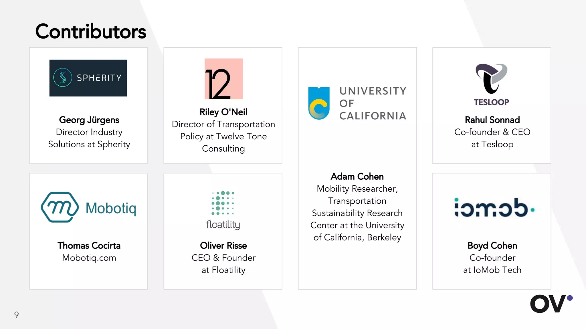 Contributors
9
Thomas Cocirta
Mobotiq.com
Georg Jürgens
Director Industry
Solutions at Spherity
Oliver Risse
CEO & Founder
at Floatility
Riley O'Neil
Director of Transportation
Policy at Twelve Tone
Consulting
Adam Cohen
Mobility Researcher,
Transportation
Sustainability Research
Center at the University
of California, Berkeley
Boyd Cohen
Co-founder
at IoMob Tech
Rahul Sonnad
Co-founder & CEO
at Tesloop
 