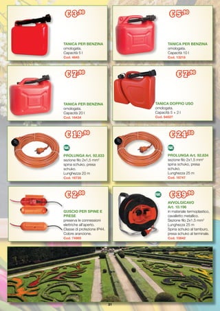 31
TANICA PER BENZINA
omologata.
Capacità 5 l
Cod. 4845
TANICA PER BENZINA
omologata.
Capacità 10 l
Cod. 13218
TANICA PER BENZINA
omologata.
Capacità 20 l
Cod. 16434
AVVOLGICAVO
Art. 10.196
in materiale termoplastico,
cavalletto metallico.
Sezione filo 2x1,5 mm2
Lunghezza 25 m
Spina schuko al tamburo,
presa schuko al terminale.
Cod. 10842
PROLUNGA Art. 92.834
sezione filo 2x1,5 mm2
spina schuko, presa
schuko.
Lunghezza 25 m
Cod. 16747
PROLUNGA Art. 92.833
sezione filo 2x1,5 mm2
spina schuko, presa
schuko.
Lunghezza 20 m
Cod. 16735
GUSCIO PER SPINE E
PRESE
preserva le connessioni
elettriche all’aperto.
Classe di protezione IP44.
Colore arancione.
Cod. 74985
€ 2,00
€ 19,90
€ 24,50
€ 39,90
€ 3,90
€ 5,90
€ 7,90
TANICA DOPPIO USO
omologata.
Capacità 5 + 2 l
Cod. 94027
€ 7,90
 