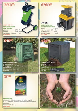 32
BIOTRITURATORE
Mod. BIO SILENT 2500
potenza		 2500	 W
max ø legno triturabile	 4	 cm
capacità sacco	 60	 l
sistema di taglio	 a rulli
Cod. 91405
€ 239,00
COMPOSTER
acceleratore di decomposizione dei residui vegetali.
In 6 - 8 settimane determina una ottimale decomposizione
dei residui.
Confezione da 2 kg
Cod. 12650
€ 45,00
€ 32,90
€ 8,90
BIOTRITURATORE
Mod. KSEG02
potenza		 2400	 W
velocità		 4500	 giri/min
max ø legno triturabile	 4	 cm
Cod. 24224
€ 129,00
COMPOSTIERA IN KIT
in polipropilene.
Montaggio veloce. Apribile su ogni lato.
Capacità 380 l
Dimensioni cm 80x80x82h
Cod. 7805
COMPOSTIERA IN KIT
in resina.
Montaggio veloce.
Capacità 260 l
Dimensioni cm 60x60x73h
Cod. 7646
 