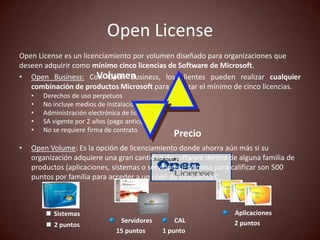 Open License
Open License es un licenciamiento por volumen diseñado para organizaciones que
deseen adquirir como mínimo cinco licencias de Software de Microsoft.
                       Volumen
• Open Business: Con Open Business, los clientes pueden realizar cualquier
   combinación de productos Microsoft para alcanzar el mínimo de cinco licencias.
    •   Derechos de uso perpetuos
    •   No incluye medios de instalación
    •   Administración electrónica de licencias
    •   SA vigente por 2 años (pago anticipado)
    •   No se requiere firma de contrato
                                                     Precio
•   Open Volume: Es la opción de licenciamiento donde ahorra aún más si su
    organización adquiere una gran cantidad de software dentro de alguna familia de
    productos (aplicaciones, sistemas o servidores). Mínimo para calificar son 500
    puntos por familia para acceder a un nivel de descuento C.



         Sistemas                                              Aplicaciones
                                 Servidores           CAL       2 puntos
         2 puntos
                                15 puntos         1 punto
 