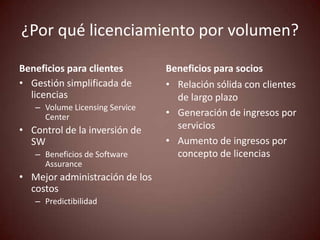 ¿Por qué licenciamiento por volumen?

Beneficios para clientes        Beneficios para socios
• Gestión simplificada de       • Relación sólida con clientes
  licencias                       de largo plazo
   – Volume Licensing Service
     Center                     • Generación de ingresos por
• Control de la inversión de      servicios
  SW                            • Aumento de ingresos por
   – Beneficios de Software       concepto de licencias
     Assurance
• Mejor administración de los
  costos
   – Predictibilidad
 