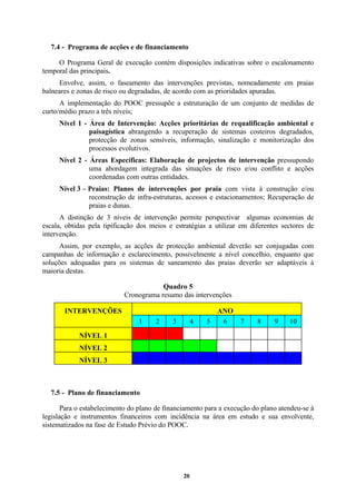 20
7.4 - Programa de acções e de financiamento
O Programa Geral de execução contém disposições indicativas sobre o escalonamento
temporal das principais.
Envolve, assim, o faseamento das intervenções previstas, nomeadamente em praias
balneares e zonas de risco ou degradadas, de acordo com as prioridades apuradas.
A implementação do POOC pressupõe a estruturação de um conjunto de medidas de
curto/médio prazo a três níveis;
Nível 1 - Área de Intervenção: Acções prioritárias de requalificação ambiental e
paisagística abrangendo a recuperação de sistemas costeiros degradados,
protecção de zonas sensíveis, informação, sinalização e monitorização dos
processos evolutivos.
Nível 2 - Áreas Específicas: Elaboração de projectos de intervenção pressupondo
uma abordagem integrada das situações de risco e/ou conflito e acções
coordenadas com outras entidades.
Nível 3 – Praias: Planos de intervenções por praia com vista à construção e/ou
reconstrução de infra-estruturas, acessos e estacionamentos; Recuperação de
praias e dunas.
A distinção de 3 níveis de intervenção permite perspectivar algumas economias de
escala, obtidas pela tipificação dos meios e estratégias a utilizar em diferentes sectores de
intervenção.
Assim, por exemplo, as acções de protecção ambiental deverão ser conjugadas com
campanhas de informação e esclarecimento, possivelmente a nível concelhio, enquanto que
soluções adequadas para os sistemas de saneamento das praias deverão ser adaptáveis à
maioria destas.
Quadro 5
Cronograma resumo das intervenções
INTERVENÇÕES ANO
1 2 3 4 5 6 7 8 9 10
NÍVEL 1
NÍVEL 2
NÍVEL 3
7.5 - Plano de financiamento
Para o estabelecimento do plano de financiamento para a execução do plano atendeu-se à
legislação e instrumentos financeiros com incidência na área em estudo e sua envolvente,
sistematizados na fase de Estudo Prévio do POOC.
 