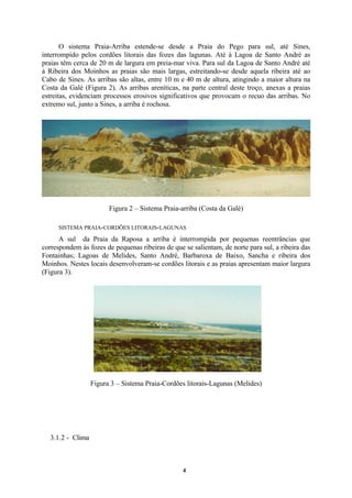 4
O sistema Praia-Arriba estende-se desde a Praia do Pego para sul, até Sines,
interrompido pelos cordões litorais das fozes das lagunas. Até à Lagoa de Santo André as
praias têm cerca de 20 m de largura em preia-mar viva. Para sul da Lagoa de Santo André até
à Ribeira dos Moinhos as praias são mais largas, estreitando-se desde aquela ribeira até ao
Cabo de Sines. As arribas são altas, entre 10 m e 40 m de altura, atingindo a maior altura na
Costa da Galé (Figura 2). As arribas areníticas, na parte central deste troço, anexas a praias
estreitas, evidenciam processos erosivos significativos que provocam o recuo das arribas. No
extremo sul, junto a Sines, a arriba é rochosa.
Figura 2 – Sistema Praia-arriba (Costa da Galé)
SISTEMA PRAIA-CORDÕES LITORAIS-LAGUNAS
A sul da Praia da Raposa a arriba é interrompida por pequenas reentrâncias que
correspondem às fozes de pequenas ribeiras de que se salientam, de norte para sul, a ribeira das
Fontainhas; Lagoas de Melides, Santo André, Barbaroxa de Baixo, Sancha e ribeira dos
Moinhos. Nestes locais desenvolveram-se cordões litorais e as praias apresentam maior largura
(Figura 3).
Figura 3 – Sistema Praia-Cordões litorais-Lagunas (Melides)
3.1.2 - Clima
 