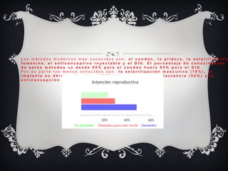 L o s m é t o d o s m o d e r n o s m á s c o n o c i d o s s o n : e l c o n d ó n , l a p í l d o r a , l a e s t e r i l i z a c i ó n
f e m e n i n a , e l a n t i c o n c e p t i v o i n y e c t a b l e y e l D I U . E l p o r c e n t a j e d e c o n o c i m i e n t o
d e e s t o s m é t o d o s v a d e s d e 9 9 % p a r a e l c o n d ó n h a s t a 9 5 % p a r a e l D I U .
P o r s u p a r t e l o s m e n o s c o n o c i d o s s o n : l a e s t e r i l i z a c i ó n m a s c u l i n a ( 7 8 % ) , e l
i m p l a n t e s u d é r m i c o N o r d l a n d ( 7 3 % ) , l a a m e n o r r e a p o r l a c t a n c i a ( 5 2 % ) y l a
a n t i c o n c e p c i ó n d e e m e r g e n c i a ( 2 2 % ) .
 