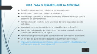 GUIA PARA EL DESARROLLO DE LA ACTIVIDAD
 Temática: debe ser clara y alusiva al nombre del curso.
 Actividades: orientadas al logro de resultados.
 Metodología aplicada: ruta de actividades y material de apoyo para el
desarrollo de competencias.
 Tiempo: duración total del curso y número de horas asignadas a cada
actividad.
 Materiales: recursos disponibles en el aula virtual y su aplicación.
 Resultados del aprendizaje: productos a desarrollar, contenidos de las
actividades y evaluación de logros.
 Ponderación: puntuación para cada una de las actividades evaluables.
 Un modelo de guía de aprendizaje lo encuentra en este vínculo:
 https://sena.blackboard.com/bbcswebdav/courses/s914_bb50b/Sources/
pdf/formato_guia_de_aprendizaje.pdf
 