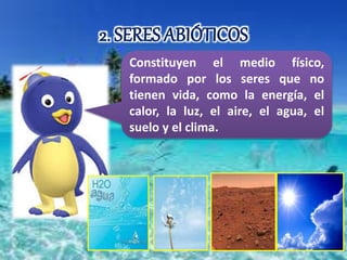 2. SERES ABIÓTICOS 
Constituyen el medio físico, 
formado por los seres que no 
tienen vida, como la energía, el 
calor, la luz, el aire, el agua, el 
suelo y el clima. 
 