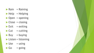  Rain = Raining
 Help = Helping
 Open = opening
 Close = closing
 Exit = exiting
 Cut = cutting
 Buy = buying
 Listen = listening
 Use = using
 Go = going
 