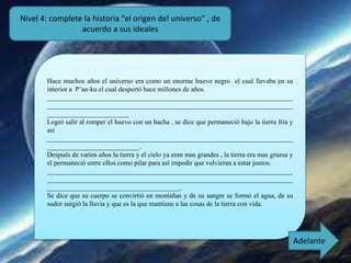 Nivel 4: complete la historia “el origen del universo” , de
acuerdo a sus ideales
Hace muchos años el universo era como un enorme huevo negro el cual llevaba en su
interior a P’an-ku el cual despertó hace millones de años.
________________________________________________________________________
________________________________________________________________________
________________________
Logró salir al romper el huevo con un hacha , se dice que permaneció bajo la tierra fría y
así
________________________________________________________________________
___________________________.
Después de varios años la tierra y el cielo ya eran mas grandes , la tierra era mas gruesa y
el permaneció entre ellos como pilar para así impedir que volvieran a estar juntos.
________________________________________________________________________
________________________________________________________________________
_______________________________________.
Se dice que su cuerpo se convirtió en montañas y de su sangre se formó el agua, de su
sudor surgió la lluvia y que es la que mantiene a las cosas de la tierra con vida.
Adelante
 