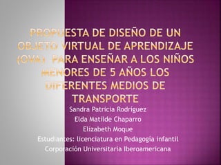 Sandra Patricia Rodríguez
Elda Matilde Chaparro
Elizabeth Moque
Estudiantes: licenciatura en Pedagogía infantil
Corporación Universitaria Iberoamericana
 