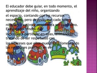 El educador debe guiar, en todo momento, el
aprendizaje del niño, organizando
el espacio, contando con los recursos
necesarios, pero dejando que cada niño y
niña sea creativo y comience a ser autónomo.
El educador tendrá que
incitarles a participar en ellas, animándoles,
tratando de ser respetuoso con
los intereses que ellos muestran y fomentando
las relaciones positivas en el
grupo.
 