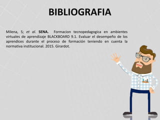 BIBLIOGRAFIA
Milena, S; et al. SENA. Formacion tecnopedagogica en ambientes
virtuales de aprendizaje BLACKBOARD 9.1. Evaluar el desempeño de los
aprendices durante el proceso de formación teniendo en cuenta la
normativa institucional. 2015. Girardot.
 
