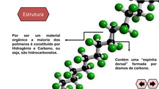 Estrutura
Contém uma “espinha
dorsal” formada por
átomos de carbono.
Por ser um material
orgânico a maioria dos
polímeros é constituído por
Hidrogênio e Carbono, ou
seja, são hidrocarbonetos.
30
 