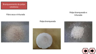 Branqueamento da polpa
celulósica
Polpa branqueada e
triturada
Polpa branqueada
Fibra seca e triturada
67
 
