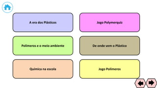 A era dos Plásticos Jogo Polymerquiz
Polímeros e o meio ambiente De onde vem o Plástico
Química na escola Jogo Polímeros
71
 