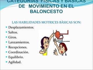 LAS HABILIDADES MOTRICES BÁSICAS SON: Desplazamientos. Saltos. Giros. Lanzamientos. Recepciones.  Coordinación. Equilibrio. Agilidad. CATEGORÍAS  FÍSICAS Y BÁSICAS DE  MOVIMIENTO EN EL BALONCESTO 
