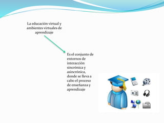 La educación virtual y
ambientes virtuales de
aprendizaje
Es el conjunto de
entornos de
interacción
sincrónica y
asincrónica,
donde se lleva a
cabo el proceso
de enseñanza y
aprendizaje
 
