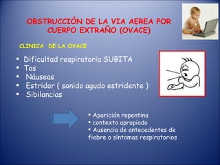 Dificultad respiratoria SUBITA Tos Náuseas Estridor ( sonido agudo estridente ) Sibilancias OBSTRUCCIÓN DE LA VIA AEREA POR CUERPO EXTRAÑO (OVACE) CLINICA DE LA OVACE Aparición repentina contexto apropiado Ausencia de antecedentes de fiebre o síntomas respiratorios
