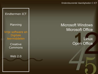 Ondersteunende Vaardigheden C ICT

Eindtermen ICT

Planning

Vrije software en
Digitale
leermiddelen
Creative
Commons
Web 2.0

Microsoft Windows
Microsoft Office
Linux
Open Office

 