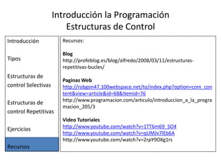 Introducción la Programación Estructuras de ControlIntroducciónTiposEstructuras de control SelectivasEstructuras de control RepetitivasEjerciciosRecursosEstructura de control repetitiva repetirLa estructura de control repetitiva Repetir, a diferencia de las dos anteriores posee la condición al final, esto significa que no existe ninguna barrera para que el flujo de proceso desarrolle la primera iteración de la estructura, ya para realizar la segunda iteración y posteriores si se requiere cumplir con la condición de control. 