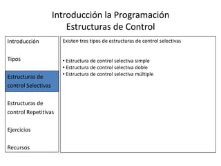  Estructuras de control RepetitivasIntroducción la Programación Estructuras de ControlIntroducciónTiposEstructuras de control SelectivasEstructuras de control RepetitivasEjerciciosRecursosExisten tres tipos de estructuras de control selectivas Estructura de control selectiva simple