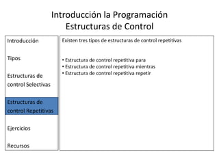 Introducción la Programación Estructuras de ControlIntroducciónTiposEstructuras de control SelectivasEstructuras de control RepetitivasEjerciciosRecursos