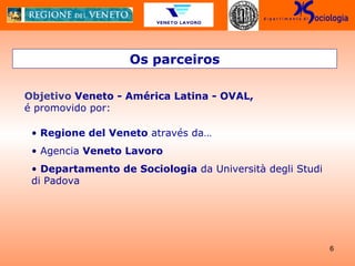 Os parceiros Objetivo  Veneto - América Latina - OVAL,  é promovido por: Regione del Veneto  através da…  Agencia  Veneto Lavoro   Departamento de Sociologia  da Università degli Studi di Padova  