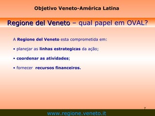 Regione del Veneto  – qual papel em OVAL? A  Regione del Veneto  esta comprometida em:  planejar as  linhas estrategicas  da ação;  coordenar as atividades ; fornecer  recursos financeiros. Objetivo Veneto-América Latina www.regione.veneto.it   