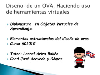  Diplomatura en Objetos Virtuales de
Aprendizaje
 Elementos estructurales del diseño de ovas
 Curso 601015
 Tutor: Leonel Ariza Ballén
 Cead José Acevedo y Gómez
 