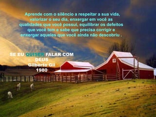 Aprende com o silêncio a respeitar a sua vida,
valorizar o seu dia, enxergar em você as
qualidades que você possui, equilibrar os defeitos
que você tem e sabe que precisa corrigir e
enxergar aqueles que você ainda não descobriu .
SE EU QUISER FALAR COM
DEUS
Gilberto Gil
1980
 