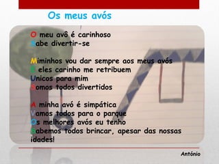 Os meus avós
O meu avô é carinhoso
Sabe divertir-se

Miminhos vou dar sempre aos meus avós
E eles carinho me retribuem
Unicos para mim
Somos todos divertidos

A minha avó é simpática
Vamos todos para o parque
Os melhores avós eu tenho
Sabemos todos brincar, apesar das nossas
idades!
                                        António
 