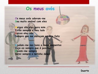 Os meus avós

Os meus avós adoram-me
Sou muito amável com eles

Meigos são eles para mim
Estão sempre a meu lado
Únicos eles são
Sempre que me abraçam eu fico feliz


Ajudam-me nos bons e maus momentos
Vejo-os sempre que é possível
Ouvem-me sempre
Serei sempre o netinho deles!




                                      Duarte
 