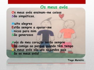 Os meus avós
Os meus avós ensinam-me coisas
São simpáticos.

Muito alegres
Estão sempre a apoiar-me
Únicos para mim
São generosos

Avós do meu coração serão sempre
Vão comigo ao parque quando têm tempo
Os meus avós são uns segundos pais
São os meus avós!

                                 Tiago Moreira
 