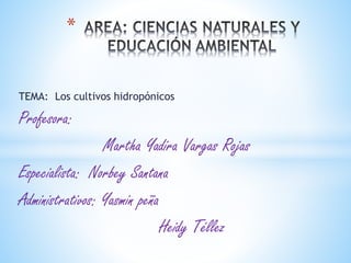 TEMA: Los cultivos hidropónicos
Profesora:
Martha Yadira Vargas Rojas
Especialista: Norbey Santana
Administrativos: Yasmin peña
Heidy Téllez
*
 