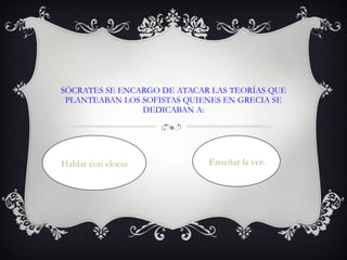SÓCRATES SE ENCARGO DE ATACAR LAS TEORÍAS QUE PLANTEABAN LOS SOFISTAS QUIENES EN GRECIA SE DEDICABAN A: Hablar con elocuencia a través de la retórica  y la oratoria Enseñar la verdad a los jóvenes Griegos 
